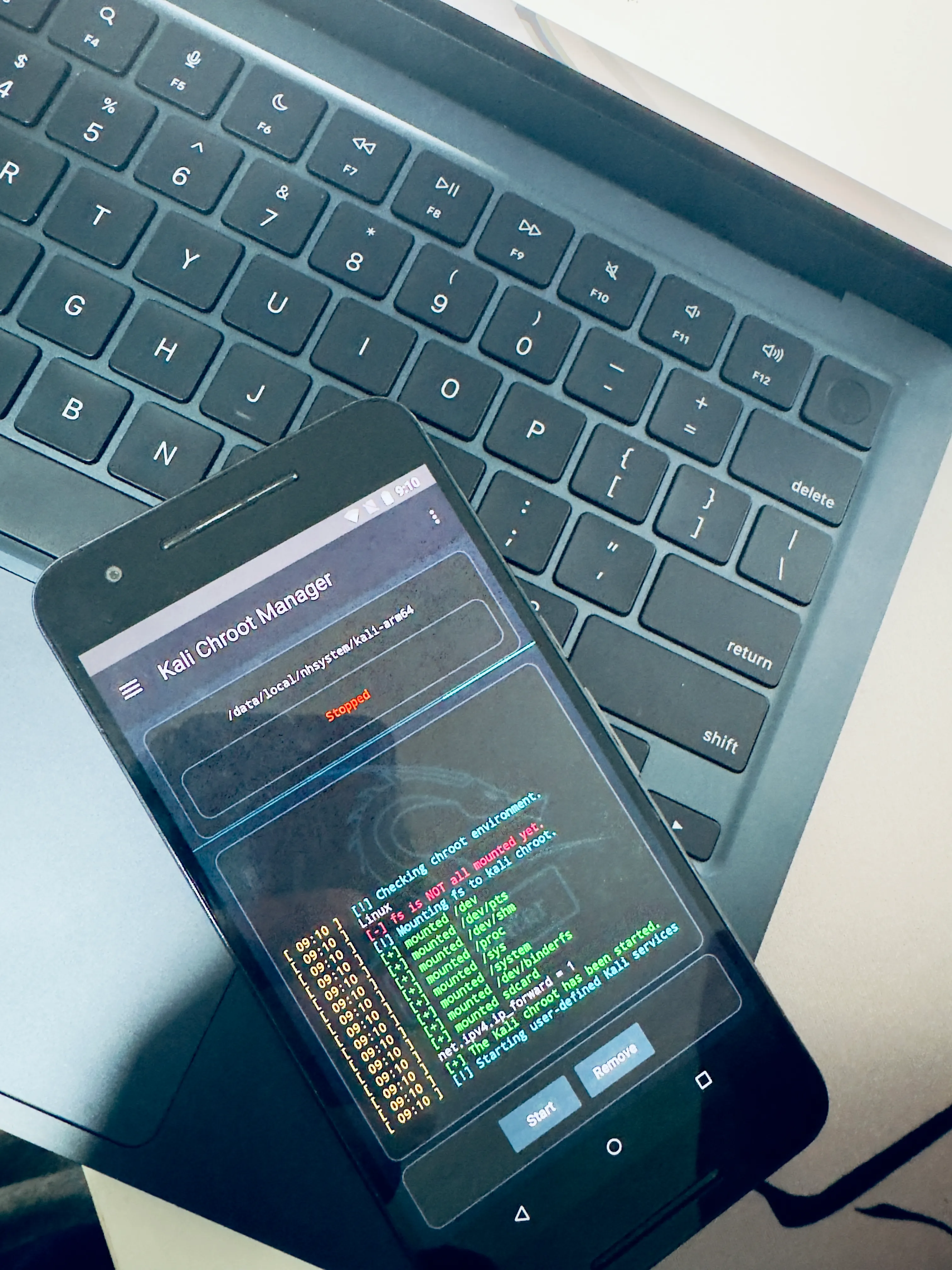 Nexus 6P running Kali NetHunter chroot manager on a laptop